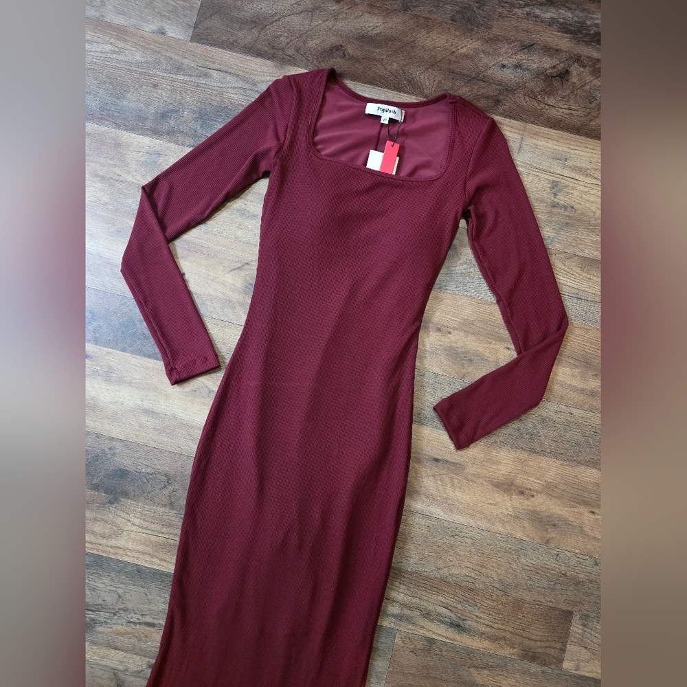 Popilush Women's Dark Red Long Sleeve Shapewear Tummy Control Maxi Dress Size XS - Picture 7 of 10